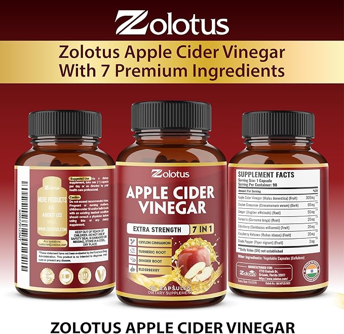 Zolotus 7 in 1 Apple Cider Vinegar Capsules, 3 Month Supply with Ceylon Cinnamon, Ginger Root, Turmeric, Elderberry for Supports Digestion, Immune, 90 Capsules