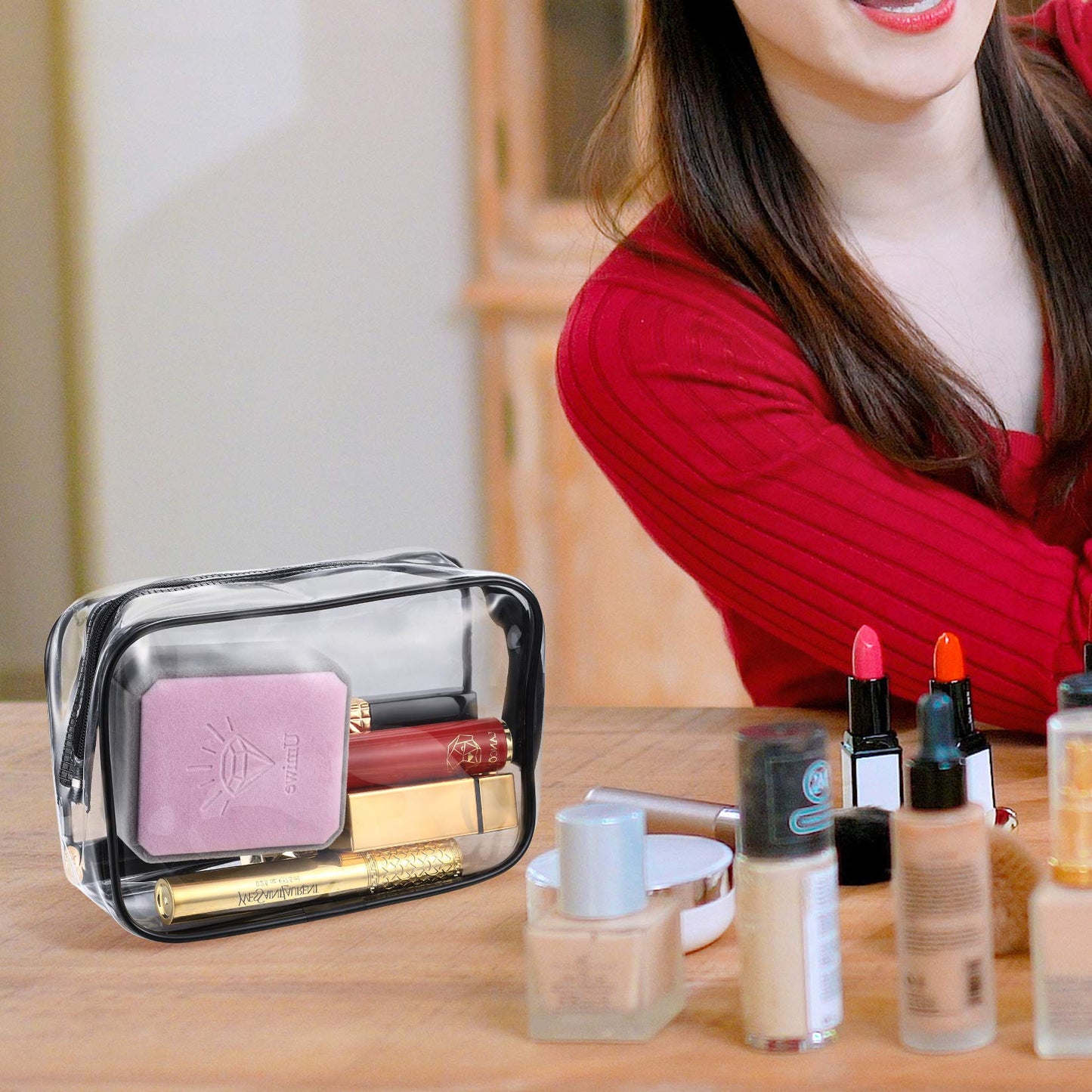 5 Pcs Cosmetic Bags, Clear PVC Makeup Bag with Zipper, Portable Transparent Toiletry Bags, Carry Travel Zippered Pouch Bags for Business Travel, Vacation, Bathroom, Organizing