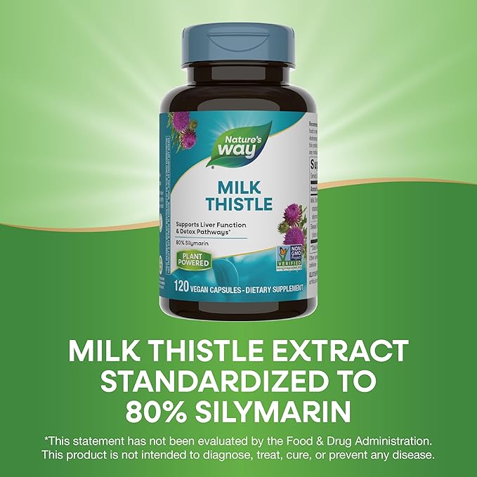 Nature's Way Milk Thistle, Supports Liver Function and Detoxification Pathways*, 175 mg Milk Thistle Seed Extract Standardized to 80% Silymarin per Serving, 120 Capsules (Packaging May Vary)