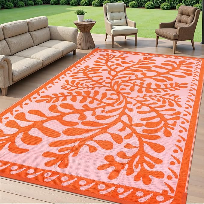 Anidaroel 6'x9' Outdoor Rug for Patio, Reversible Waterproof Patio Rug, Outdoor Plastic Straw Rug Outside Area Rug, RV Mat for Camping, Porch, Balcony, Pool Deck, Backyard (Orange, 6’x9')