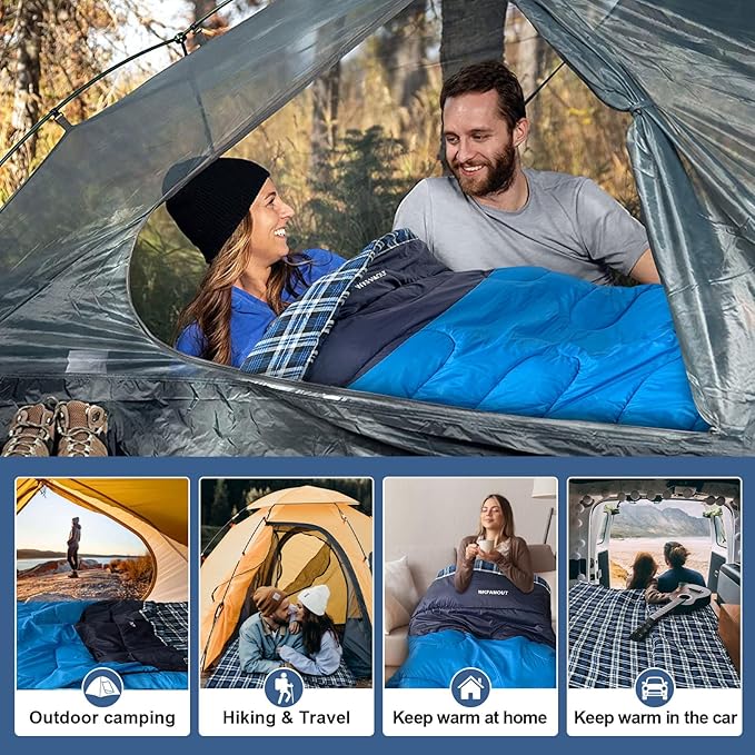 Cotton Flannel Double Sleeping Bag for Adults Machine Washable 2 Person Camping Sleeping Bag Queen Size Waterproof with Compression Sack for Cold Weather 3-4 Seasons