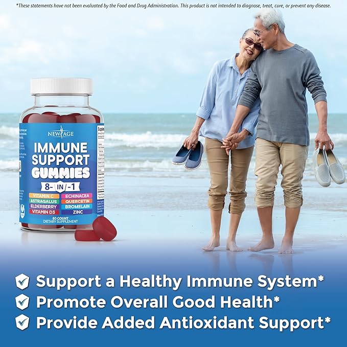 NEW AGE 8 in 1 Immune Support Booster Supplement with Astragalus Root, Vitamin C and Zinc 50mg, Vitamin D 5000 IU, Quercetin & Bromelain (8 in 1 Gummies (Pack of 2))