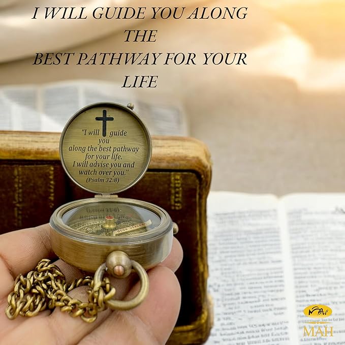 Handmade Religious Compass – “God is with You” Engraved Working Brass Gift – Christian Baptism, Confirmation, Christening or First Communion Keepsake for Boys, Teens & Men – Guided by Faith