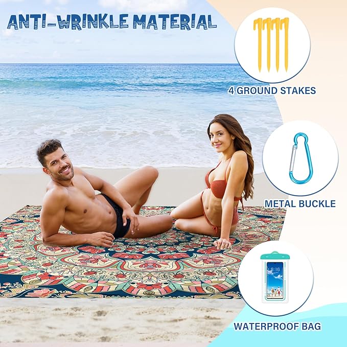 Beach Blanket Waterproof Sandproof 1-7 Adult Oversized 78 '' × 81 '' Lightweight Durable Compact Sand Free Beach Mat for Travel Camping Hiking Picnic Blanket Extra Large