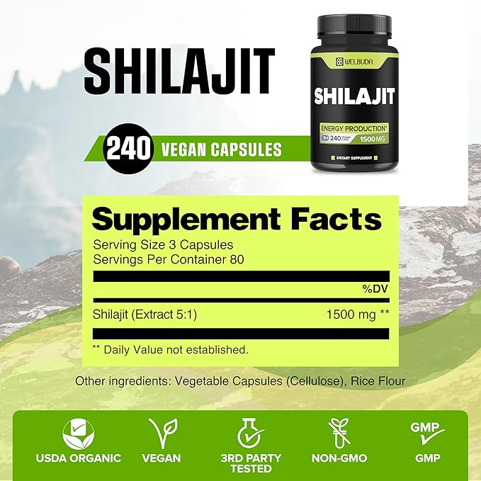 1500mg Shilajit Capsules Extract 5:1 - Immune System, Energy Production, Brain Health & Overall Well-Being Support - 240 Capsules