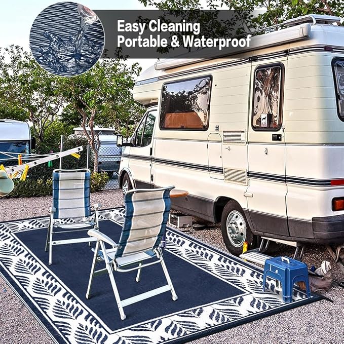 Outdoor Plastic Straw Rug, Waterproof Mat, Washable Large Floor Mat and Rug for Outdoors, RV, Beach, Patio, Camping, Backyard, Deck, Picnic, Outside (6x9ft,Olive-Leaf/Dark Blue&White)