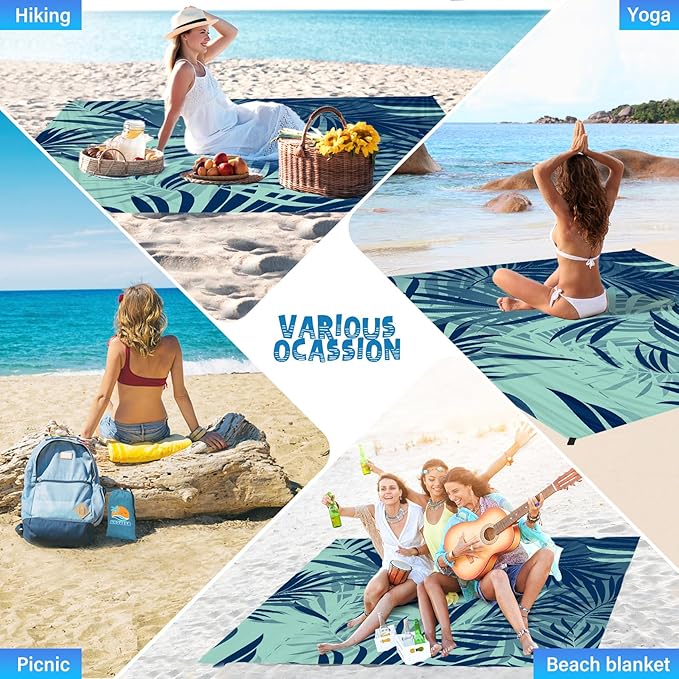 Beach Blanket Waterproof Sandproof 1-7 Adult Oversized 78 '' × 81 '' Lightweight Durable Compact Sand Free Beach Mat for Travel Camping Hiking Picnic Blanket Extra Large