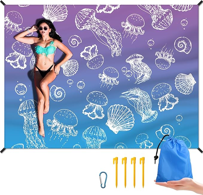 Beach Blanket Waterproof Sandproof Large Beach Mat 83" X 106" for 3-5 Adults Sand Free Mat Quick Drying,Lightweight & Durable with 4 Stakes & 4 Corner Pockets for Beach Camping .(Purple)