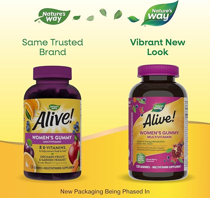 Nature's Way Alive! Women's Daily Gummy Multivitamins, 16 Vitamins & Minerals, Energy Metabolism*, Hair Skin & Nails*, Vegetarian, Mixed Berry Flavored, 130 Gummies (Packaging May Vary)