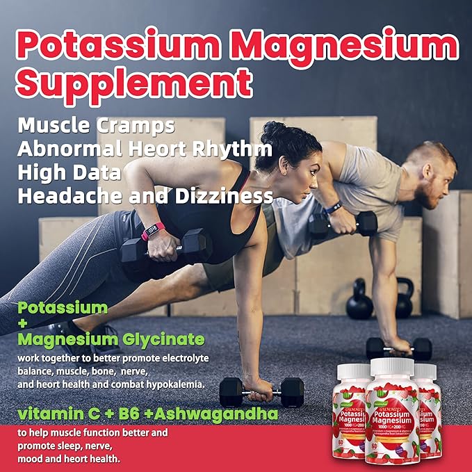 Potassium Magnesium Gummies,High Absorption Magnesium Glycinate,B6,D3,Potassium Citrate for Leg Cramps,Muscle,Electroyte for Adults Kids,Sugar-Free, 120 Gummies (Strawberry Flavor)