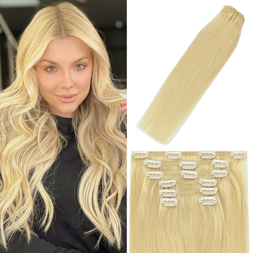 Windtouch Clip In Hair Extensions Human Hair Bleached Blonde Hair Extensions Natural Real Remy Hair Extensions 18Inch Stainless