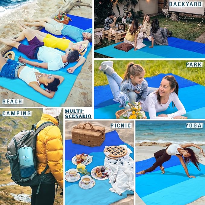 Beach Blanket Sandproof Waterproof 10'×9' 1-8 Adults Oversized,Compact Lightweight Durable Beach Mat for Travel Camping Hiking Picnic Blanket