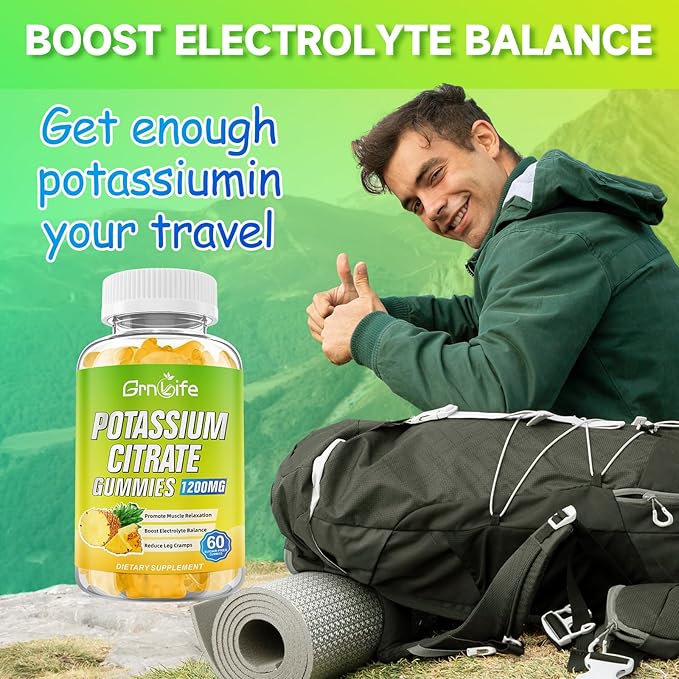 Potassium Citrate Gummies, High Potassium Supplement Gummies 1200mg Support Leg Cramps & Muscle Health, Potassium Gummies for Adults & Kids, Vegan, Pineapple Flavor 60 Count