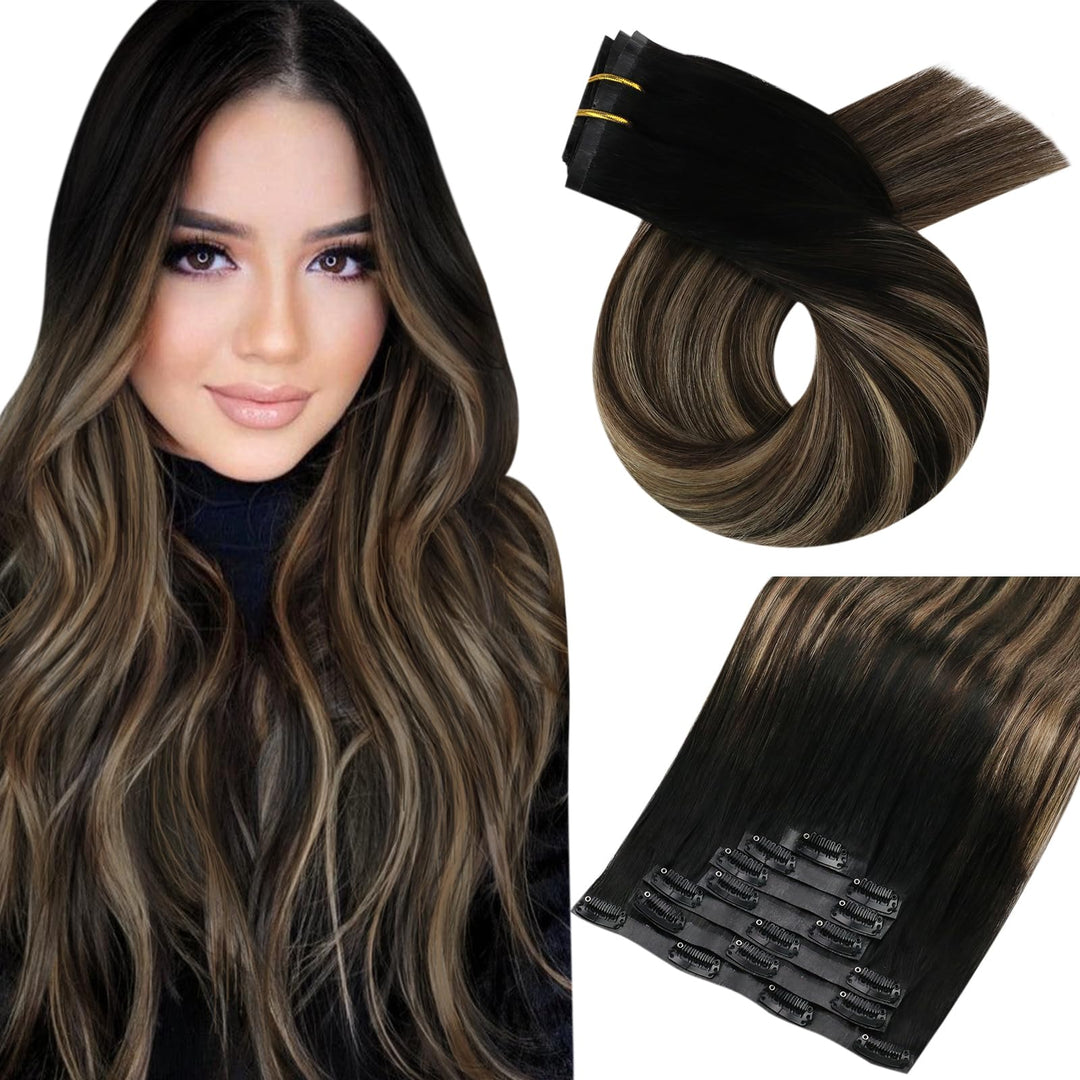 Moresoo Clip In Hair Extensions Real Human Hair Seamless Balayage Black To Brown With Caramel Blonde Pu Weft Hair Extensions Cli