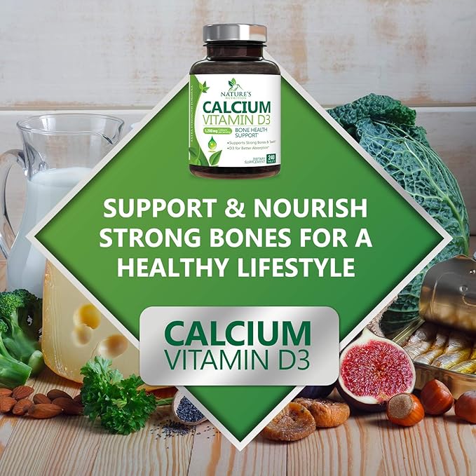 Calcium Supplement with Vitamin D - 1200 mg Calcium Carbonate with 1600 IU of D3 Vitamins - Supports Bone Strength, Teeth & Immune System - Natural & Easily Absorbable for Women & Men - 240 Tablets
