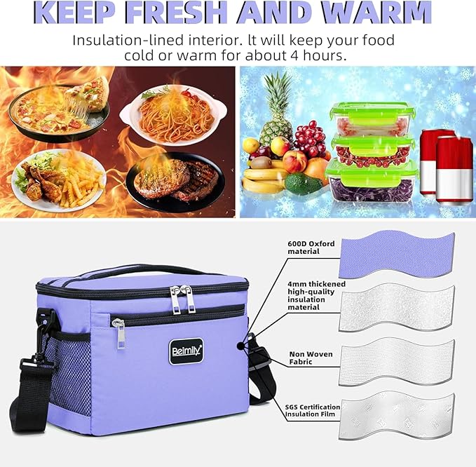 BEIMILY Lunch Box for Men/Women,Small Insulated Lunch Bag,Reusable LunchBox for work Picnic Hiking Beach,Leakproof Soft Cooler Tote Bag Organizer with Adjustable Shoulder Strap for Adults(Violet)