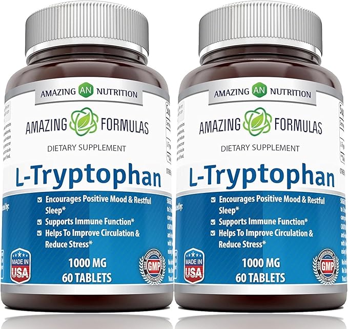 Amazing Formulas L-Tryptophan 1000mg Tablets Supplement | Non-GMO | Gluten Free | Made in USA (60 Count | 2 Pack)