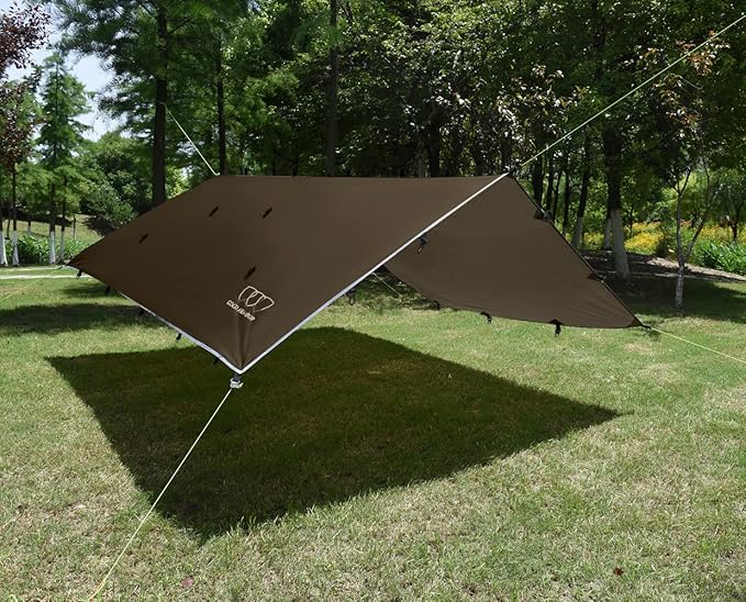 Gold Armour Rainfly Tarp Hammock, Premium 14.7ft/12ft/10ft/8ft Rain Fly Cover, Waterproof Ultralight Camping Shelter Canopy, Survival Equipment Gear Camping Tent Accessories (Brown 10ft x 10ft)