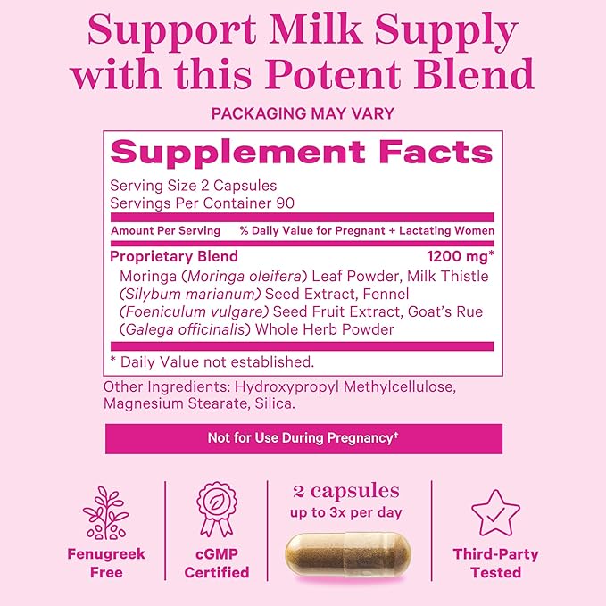 Pink Stork Pumping Moms Lactation Support for Breast Milk Supply with Goat's Rue and Moringa - 180 Capsules