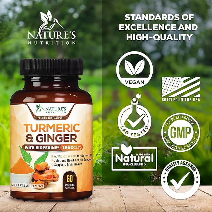 Turmeric Curcumin Supplement 1950mg with Organic Turmeric & Ginger, 95% Curcuminoids, BioPerine Black Pepper for Best Absorption, Nature's Vegan Joint Support, Non-GMO, Bottled in USA - 60 Capsules