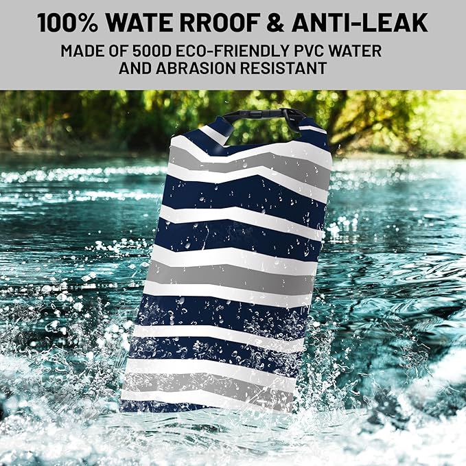 Waterproof Dry Bag,Roll Top Navy Blue and Gray Stripes Waterproof Backpack 5L/10L/20L Floating and Lightweight Bags for Kayaking, Boating, Fishing, Swimming and Camping with Waterproof Phone Case