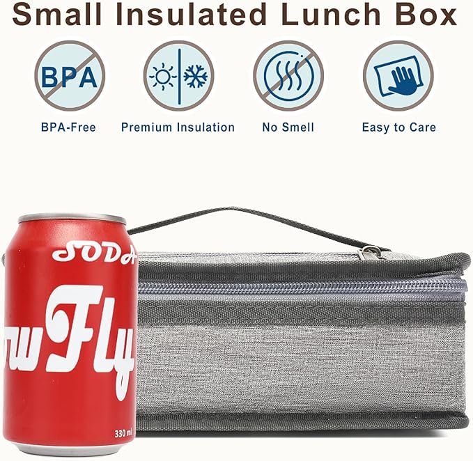 FlowFly Small Insulated Lunch box Portable Soft Bag Mini Cooler Thermal Meal Tote Kit with Handle for Work & School, Heather Grey