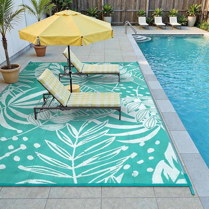 Anidaroel Leaf Outdoor Rugs 8x10ft for Patios Clearance Waterproof, Reversible Tropical Plastic Straw Camping Mat Outside Area Rug for RV, Backyard, Deck, Balcony, Picnic, Beach(Blue,8'x10')