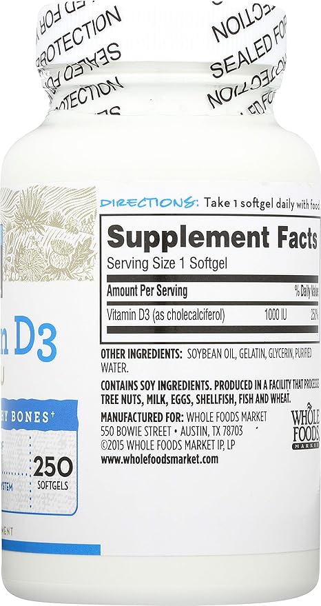 365 Everyday Value, Vitamin D3 1000 IU, Capsule, 250 ct