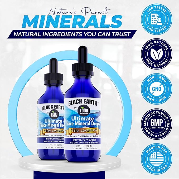 Black Earth Ultimate Trace Minerals 10x Strength, Fulvic Acid & Humic Acid, Non GMO Vegan Dropper, 1 Ounce - Ideal Supplement for Athletes