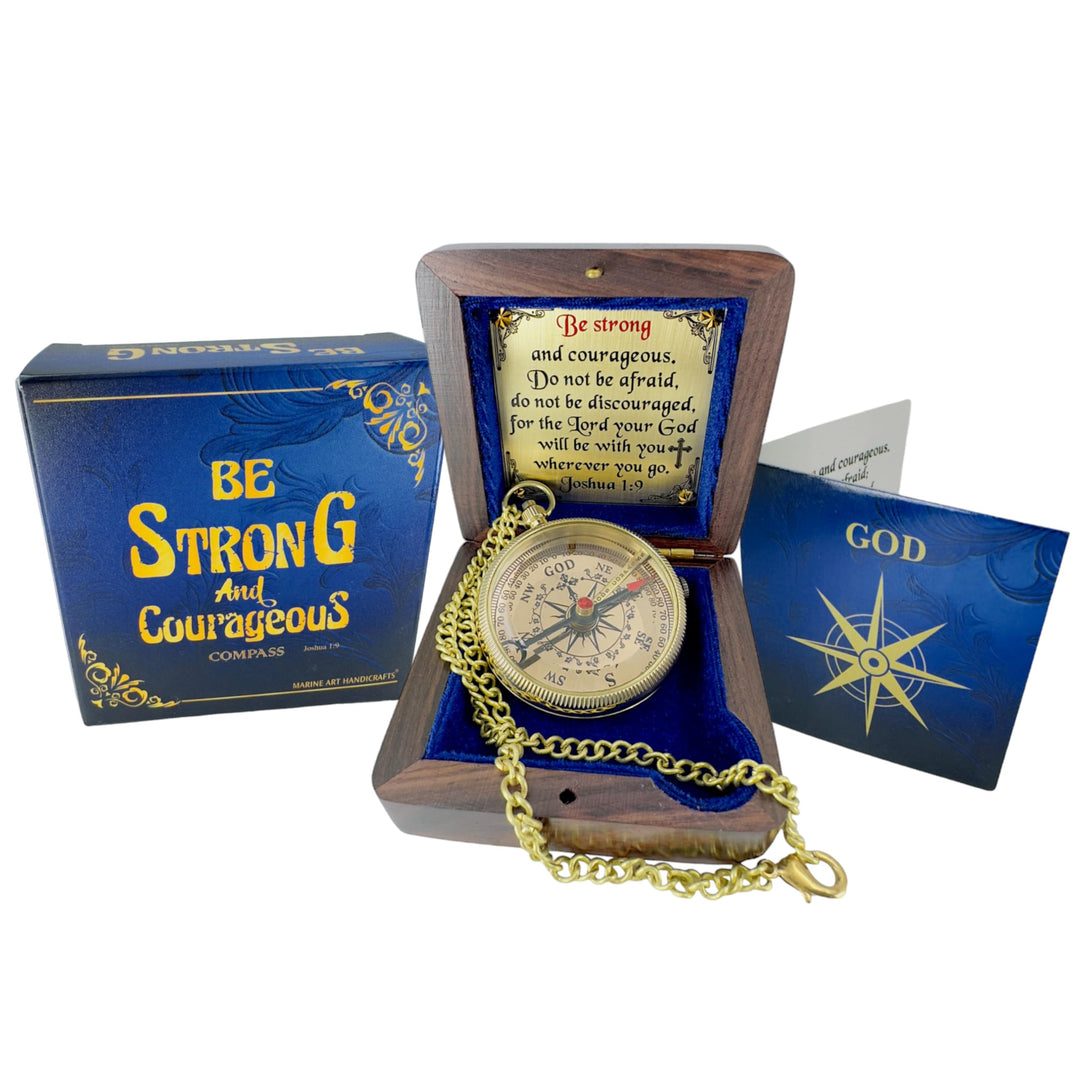 Be Strong and Courageous Brass Religious Compass Gift Confirmation Baptism Easter Christian Catholic Graduation Trekking Adventure Engraved Scripture Prayer Gift for Men Women Teenage Boys Girls