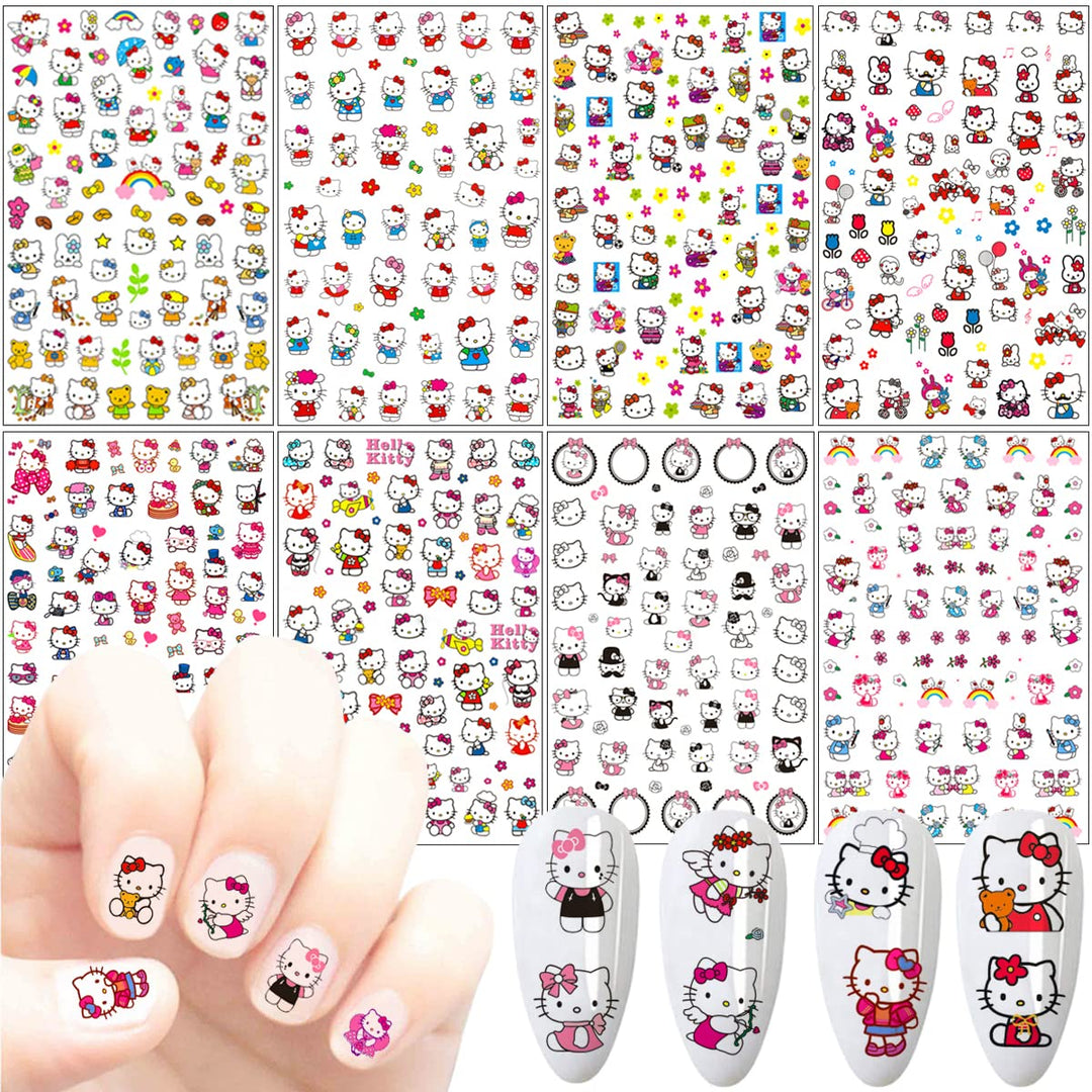 8 Sheets Cartoon Nail Stickers 3D Self-Adhesive Nail Decals Nail Art Supplies Designer Nail Stickers For Women Girls Nail Design