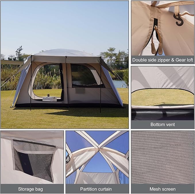 Vidalido 4-6 Person Camping Tent with 3 Door 2 Room Large Family Cabin Tents, Double Layer Waterproof Portable Glamping Tent, Big Tents for Outdoor Camping Hiking and Backpacking