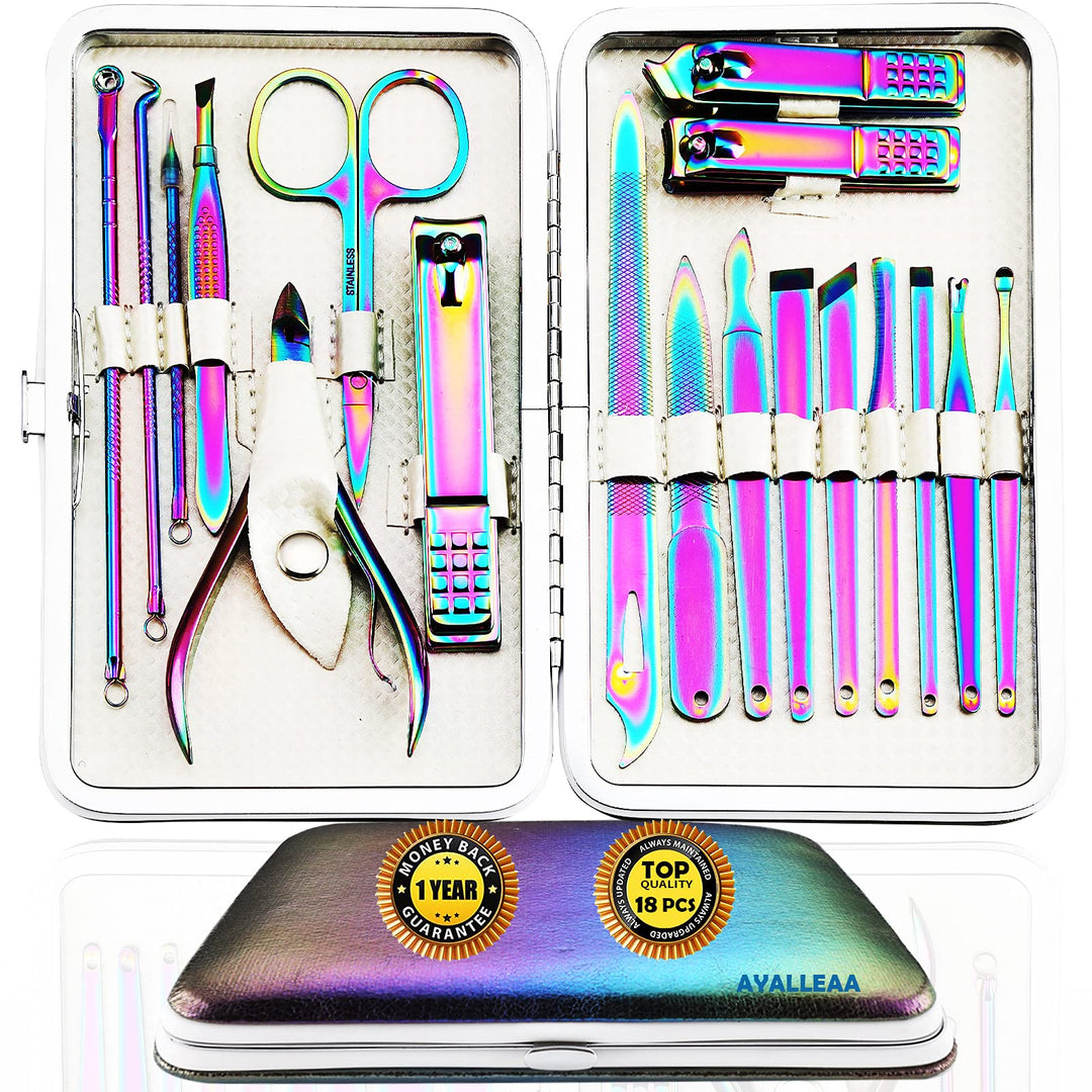 Manicure Set Nail Clippers Set Pedicure 18 Pieces Stainless Steel Manicure Kit Professional Grooming Care Tools Nose Hair Scissors Nail File.The Best Gift with Luxurious Case (Rainbow_18)