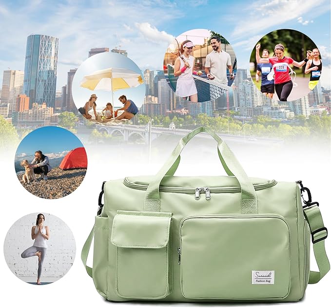 Travel Duffel Bag with Shoes Compartment Sports Gym Bag with Dry Wet Separated Pocket for Men and Women, Overnight Bag Weekender Bag Training Handbag Yoga Bag - Green