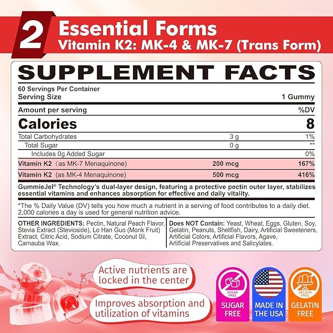 Vitamin K2 Gummies MK-7 200 mcg & MK-4 500 mcg for Women & Men Sugar Free, Perfect 2-IN-1 Full Spectrum Vitamin K2 Supplement for Bone, He❤rt, Promotes Calcium Absorption, Brain, Teeth, Immune,1Pack