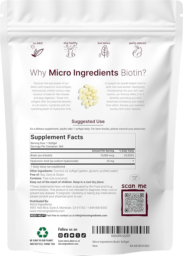 Micro Ingredients Biotin 10,000mcg w/Hyaluronic Acid 25mg | 365 Virgin Coconut Oil Softgels, Fast Release, One Year Supply, Supports Healthy Hair, Skin & Nails, Non-GMO & No Gluten