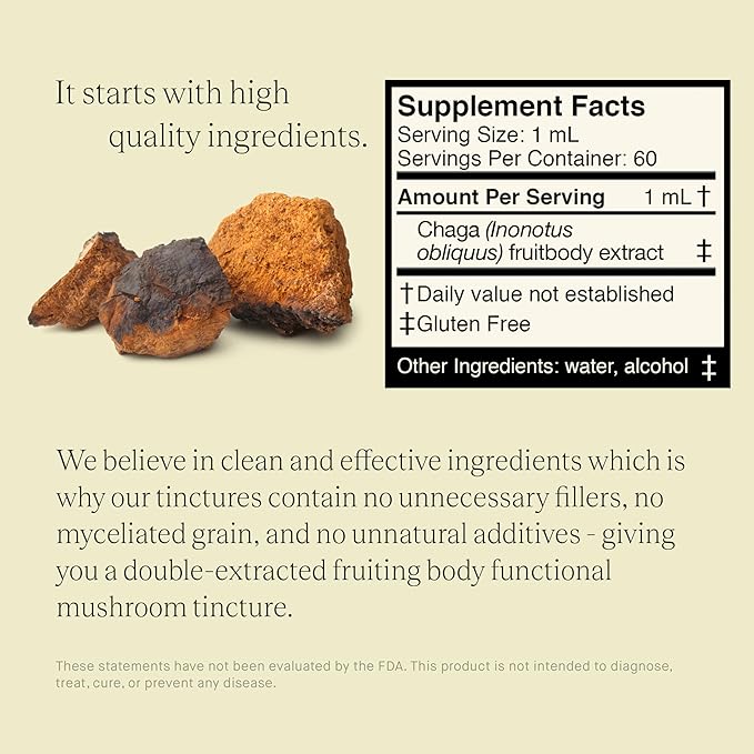 Chaga Mushroom Extract - Double Extracted Fruitbody Mushroom Tincture, Antioxidants, Hair, Skin, Nails Health (60 Servings)