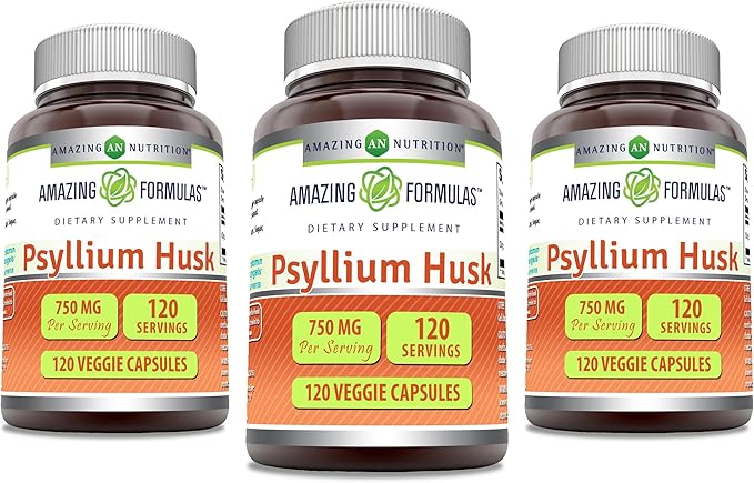 Amazing Formulas Psyllium Husk 750mg Veggie Capsules Supplement | Non-GMO | Gluten Free | Made in USA | Suitable for Vegetarians (120 Count | 3 Pack)