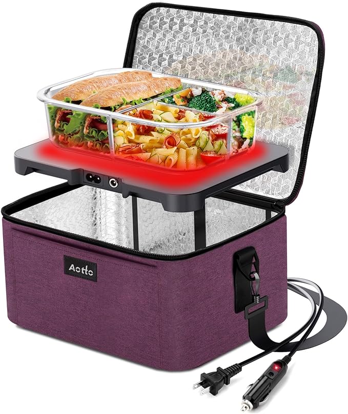 Aotto Portable Oven, Electric Lunch Box Food Heater - 12V/24V/110V 3-in-1 Car Food Warmer - Heated Lunch Box for Adults - Cook, Reheat & Keep Meals Warm for Vehicle, Travel, Work, Home - Deep Purple
