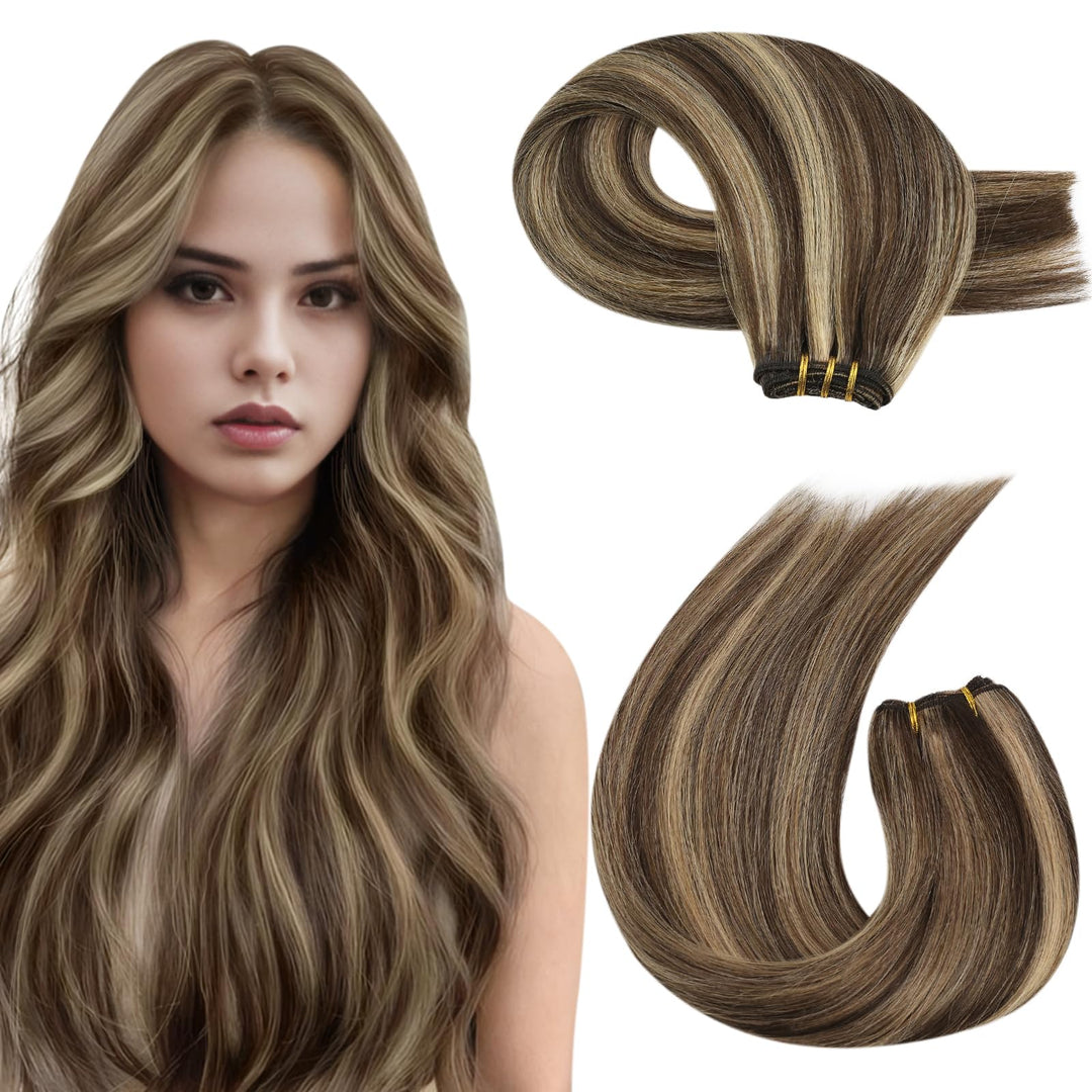 Moresoo Weft Hair Extensions Human Hair Highlights Blonde Human Hair Weft Extensions Brown Highlighted With Caramel Blonde Doubl
