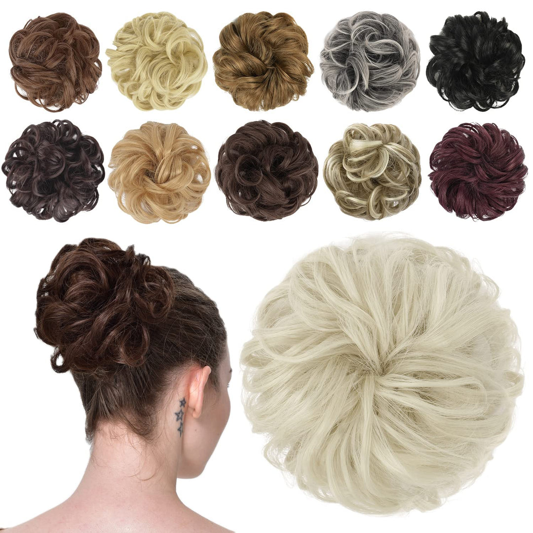 FESHFEN Messy Bun Hair Piece - Elastic Wavy Curly Hair Bun Scrunchies Extensions Synthetic Chignon Hairpieces for Women Girls, Ash Platinum Blonde 1 PCS