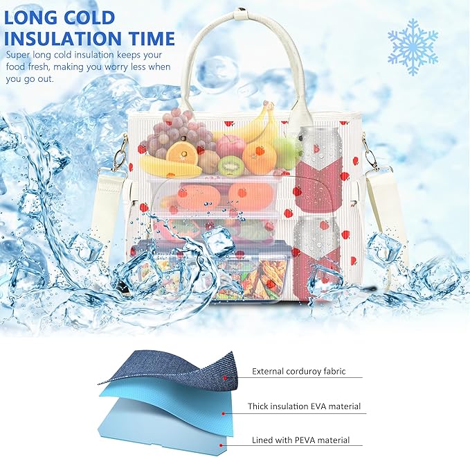 Lunch Bag Lunch Box Women - Leakproof Insulated Lunch Cooler Bag for Women - Large Lunch Tote Bags Adults, Corduroy Apple