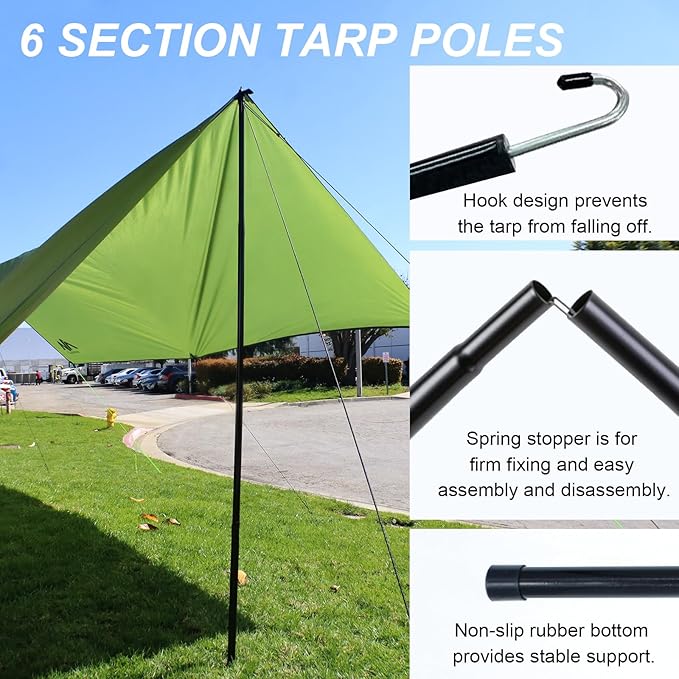 Camping Tarp with Poles - AYAMAYA Large Size 10x15 FT Tent Tarps - Waterproof Hammock Awnings Canopy Rain Fly Picnic Mat Survival Shelter for Backpacking Hiking Beach Sun Shade with Stakes & Guylines