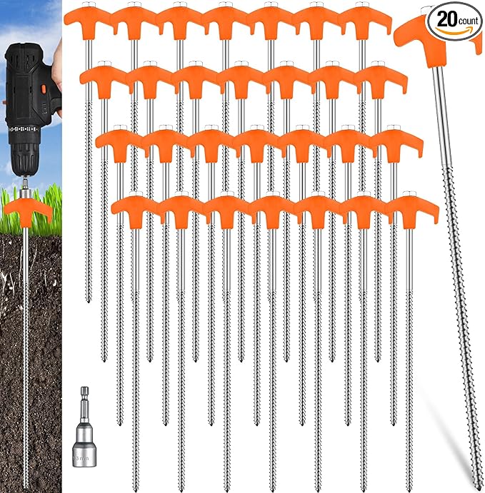 Hicarer 12 Inch Tent Stakes Screw in Camping Stakes Heavy Duty Metal Stake Ground Anchor Peg Threaded Tent Spikes with Hex Head Driver for Camping Garden Inflatable