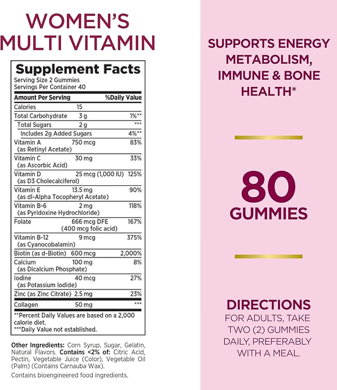Nature's Bounty Optimal Solutions Women's Multivitamin, Immune and Cellular Energy Support, Bone Health, Raspberry Flavor, 80 Gummies, 40 Total Servings