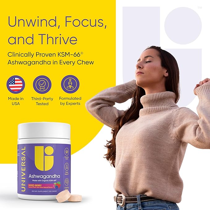 Ashwagandha KSM-66 Chews - Daily Stress, Cognitive Function and Mood Support Chewable Supplement, Bioavailable Full Spectrum KSM66 Ashwagandha Root Extract, Calm & Relaxation – Mixed Berry, 60 Count