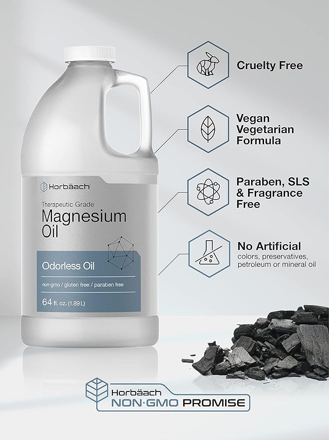 Horbäach Magnesium Oil | 64 fl. oz | Therapeutic Grade | Vegetarian, Non-GMO, Gluten Free, and Paraben Free Odorless Formula