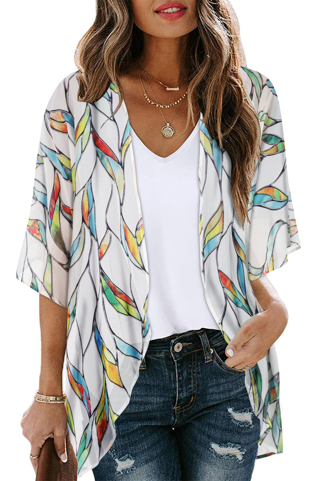 Womens Short Cardigans Casual Cover Up Open Front Kimono Tops Bathings Suit Shawl (White Colorful Leaves,S)
