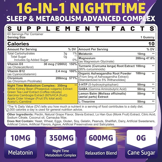 Melatonin 10mg Gummies, Night Time Metabolism Gummies for Adults, Crush Excess Hoarding While You Rest, Promote Healthy Zzzs, with Magnesium, Ashwagandha, 5-HTP, GABA, 100% Drug Free,Sugar Free,2Packs