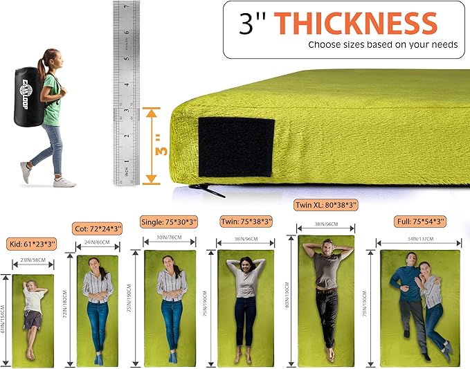 3 Inch GAIALOOP Thick Memory Foam Camping Mattress Sleeping Pad [Car/Tent/Cot] Glamping Portable Floor Mat Roll Up Futon Mattress for Guests Sleepover